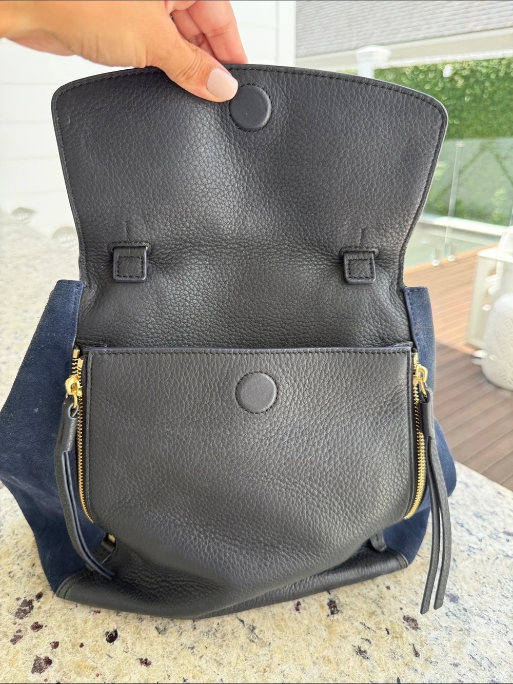 Tory Burch Black Leather with Navy Suede Top-Handle Satchel